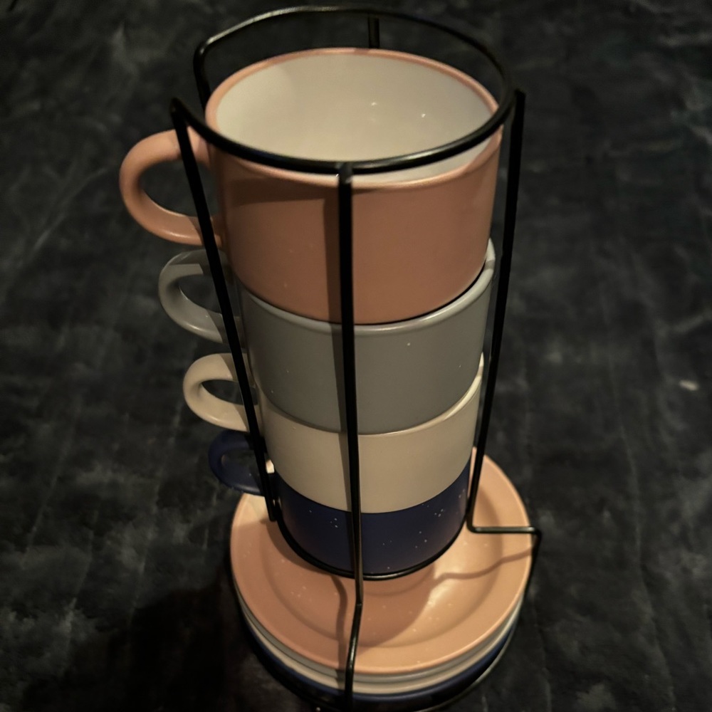 Arrow + Feather Stoneware Stacking Espresso Cups & Saucers